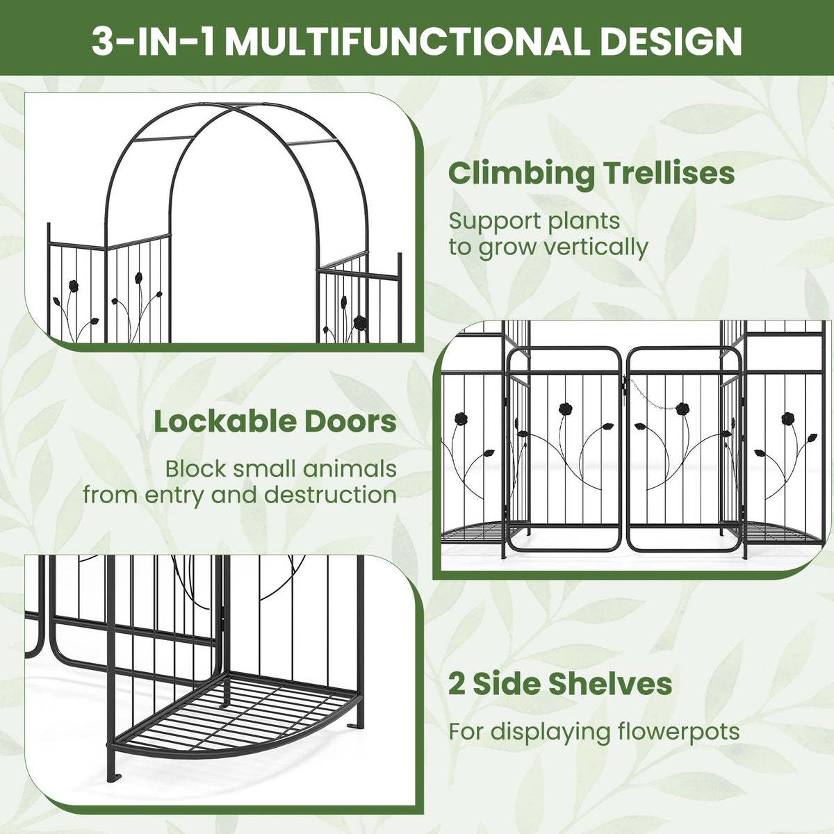 220 cm Tall Garden Arch with Gate Planter Shelves Climbing Trellises Metal Arbor Archway
