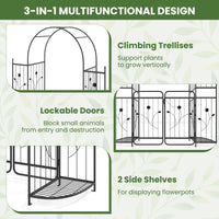 220 cm Tall Garden Arch with Gate Planter Shelves Climbing Trellises Metal Arbor Archway