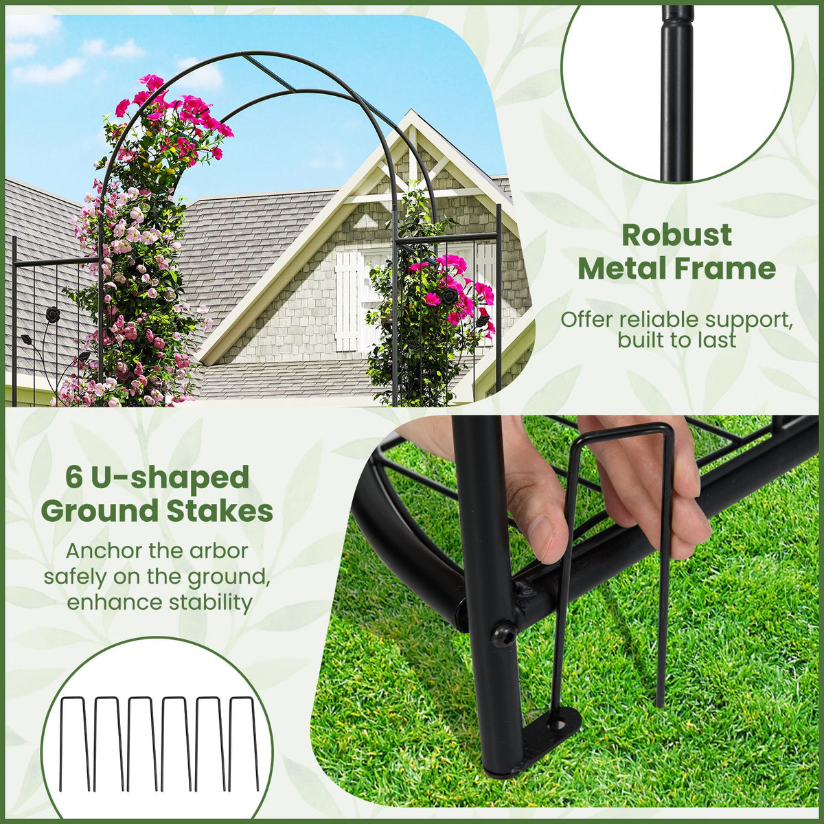 220 cm Tall Garden Arch with Gate Planter Shelves Climbing Trellises Metal Arbor Archway