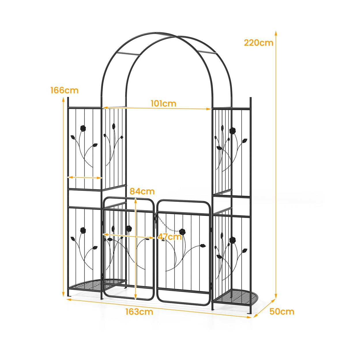 220 cm Tall Garden Arch with Gate Planter Shelves Climbing Trellises Metal Arbor Archway