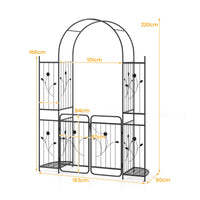 220 cm Tall Garden Arch with Gate Planter Shelves Climbing Trellises Metal Arbor Archway