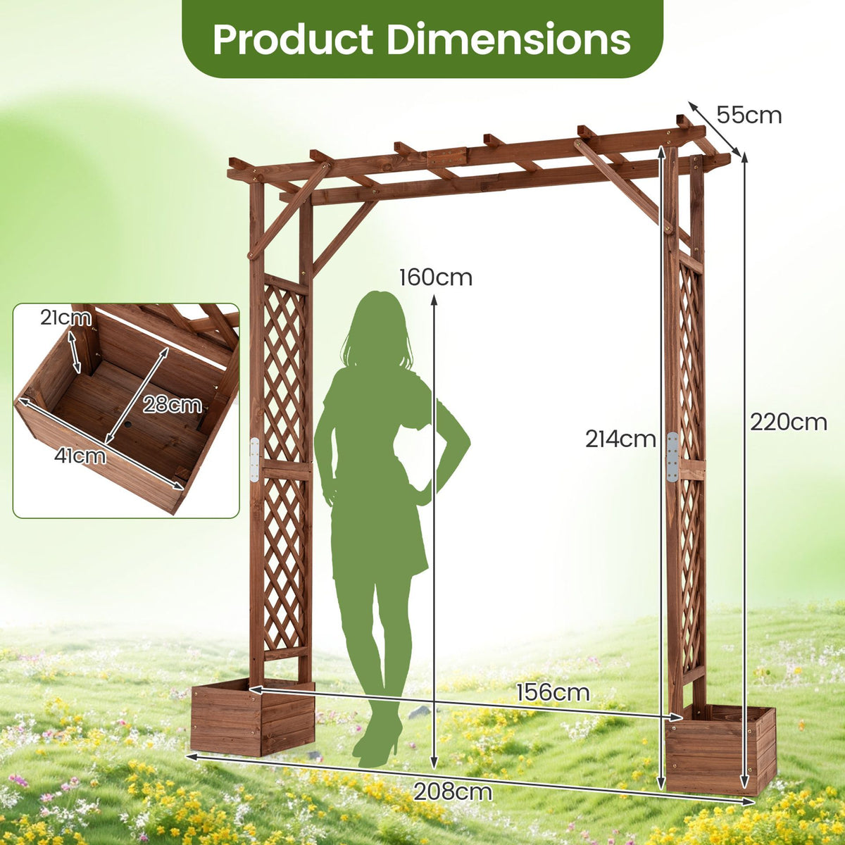 220 cm Tall Garden Arbor w/Planter Boxes & Hanging Roof