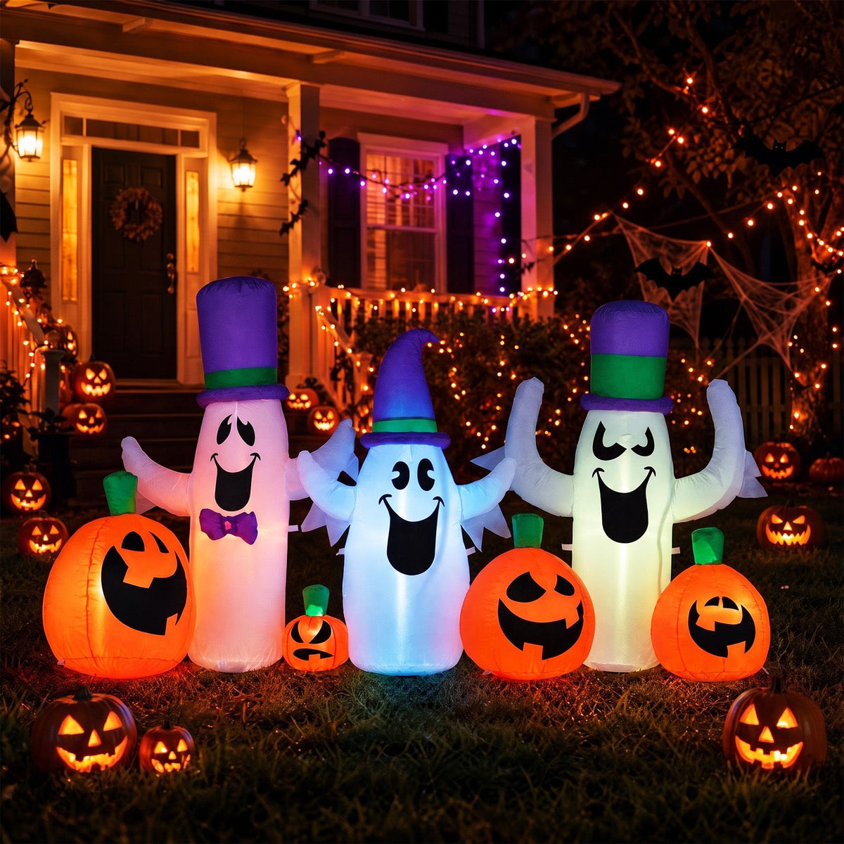 240cm Halloween Blow up Cute Ghosts and Pumpkins with Built-in RGB LED Lights