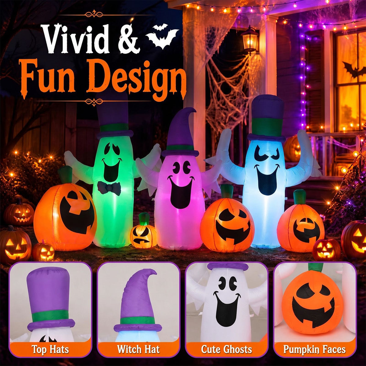 240cm Halloween Blow up Cute Ghosts and Pumpkins with Built-in RGB LED Lights