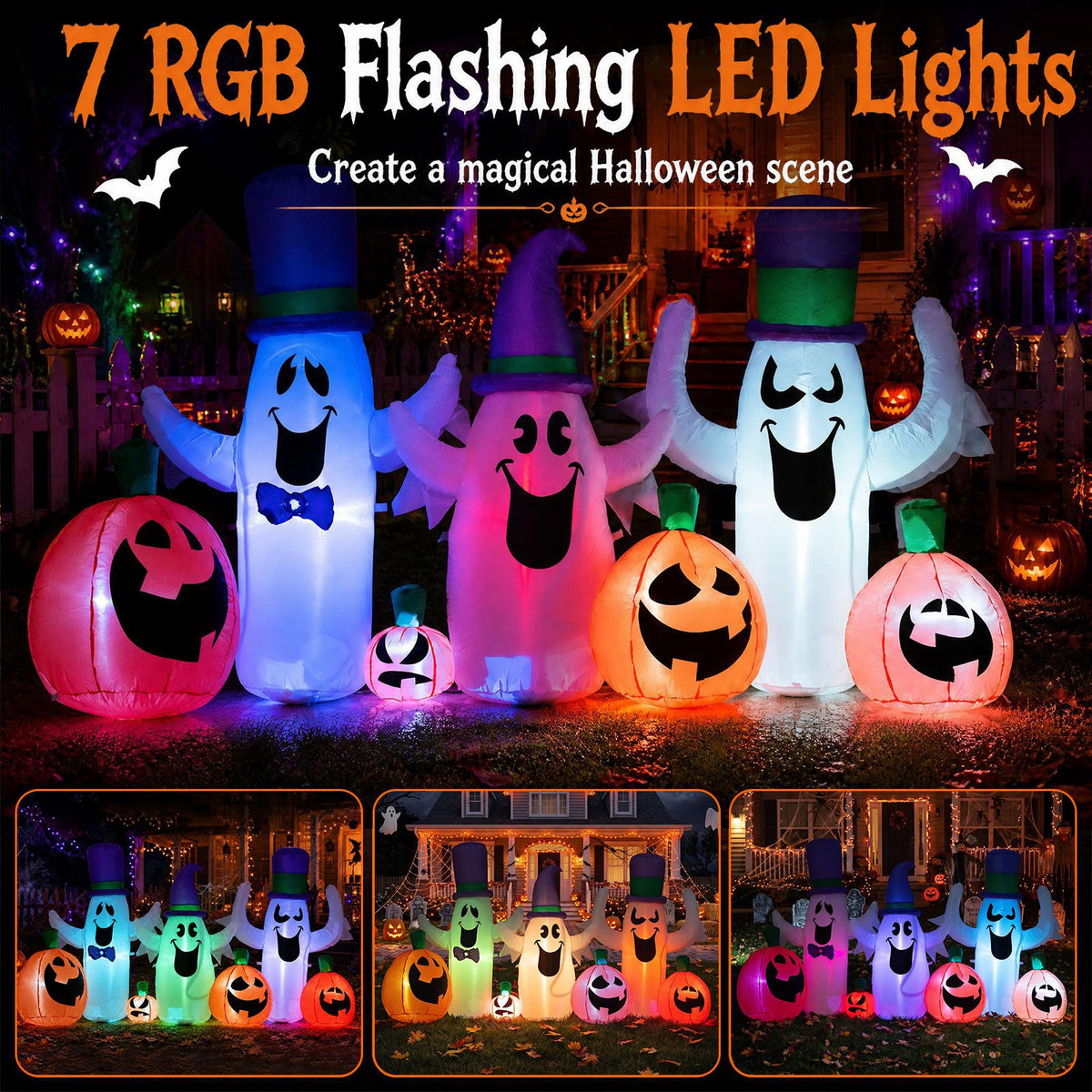 240cm Halloween Blow up Cute Ghosts and Pumpkins with Built-in RGB LED Lights