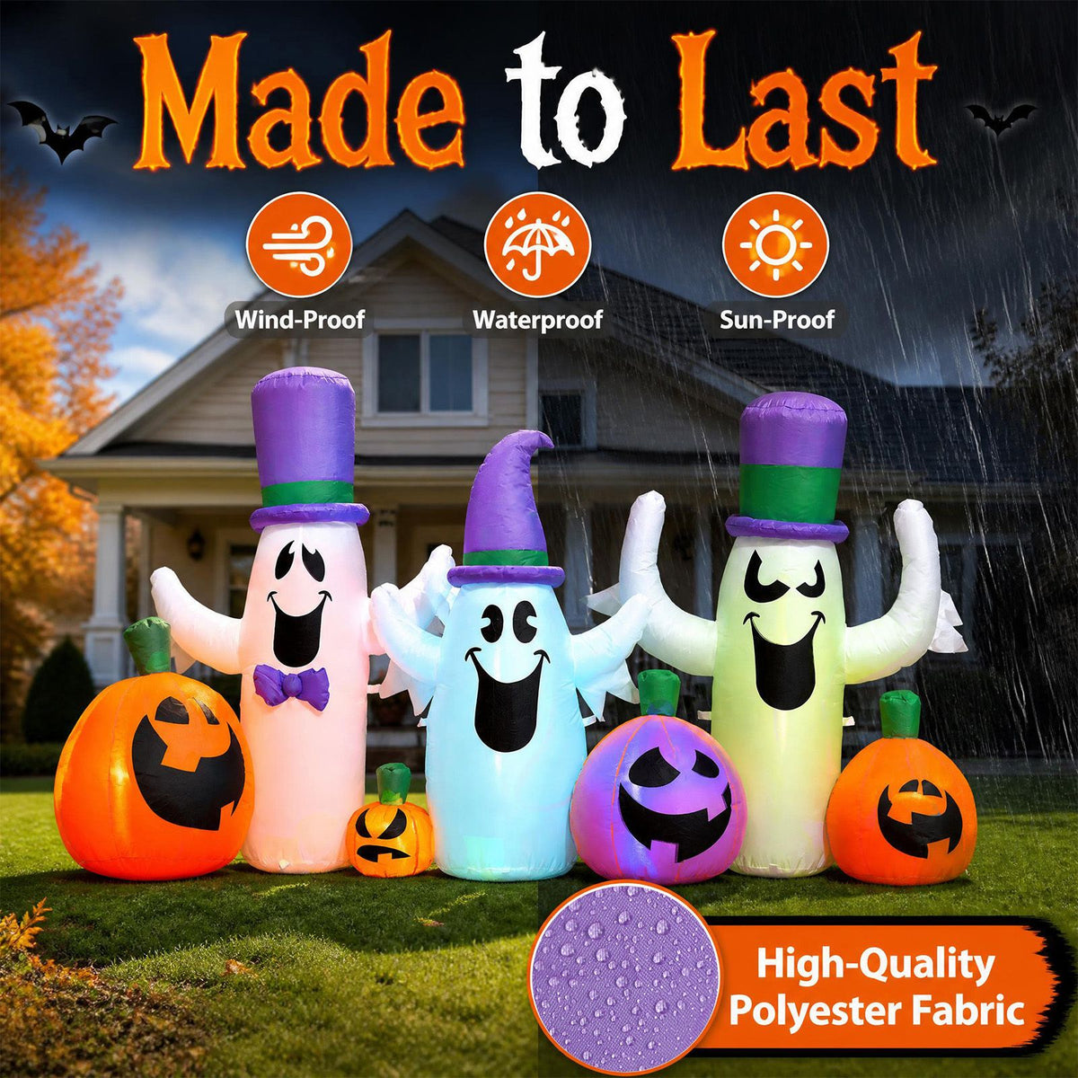 240cm Halloween Blow up Cute Ghosts and Pumpkins with Built-in RGB LED Lights