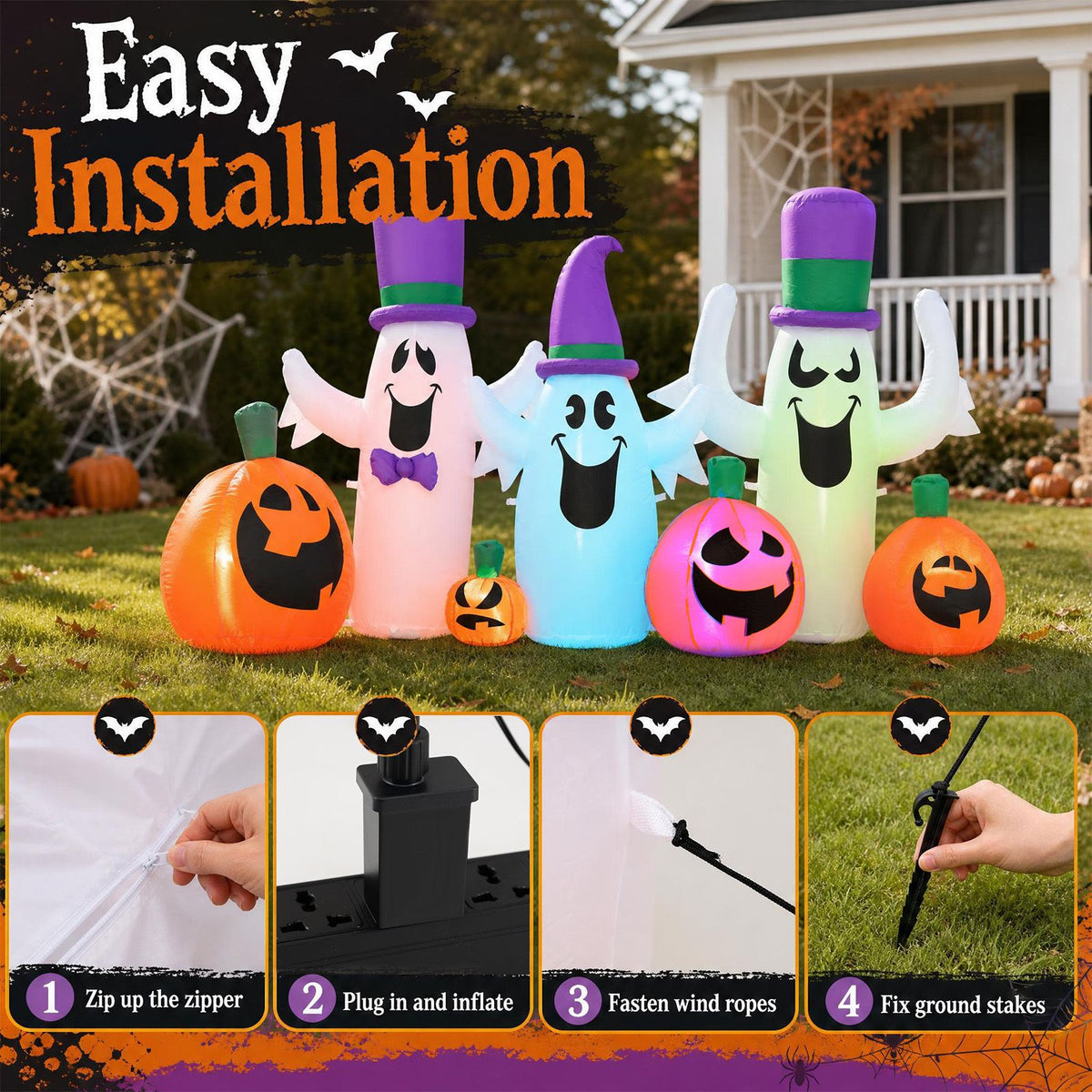240cm Halloween Blow up Cute Ghosts and Pumpkins with Built-in RGB LED Lights