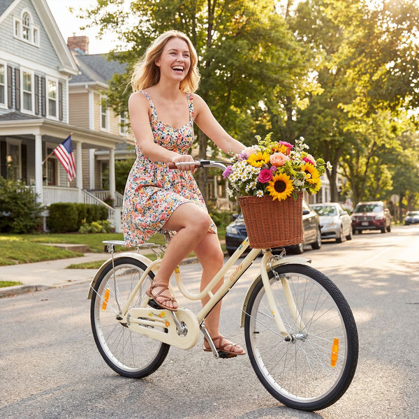 24/26-Inch Beach Cruiser Bike for Women with Adjustable Seat and Woven Basket for City