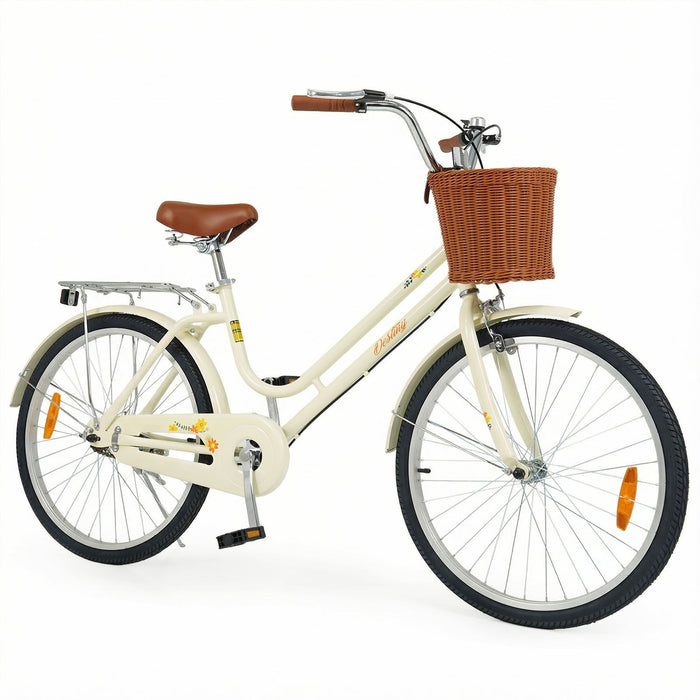 24/26-Inch Beach Cruiser Bike for Women with Adjustable Seat and Woven Basket for City