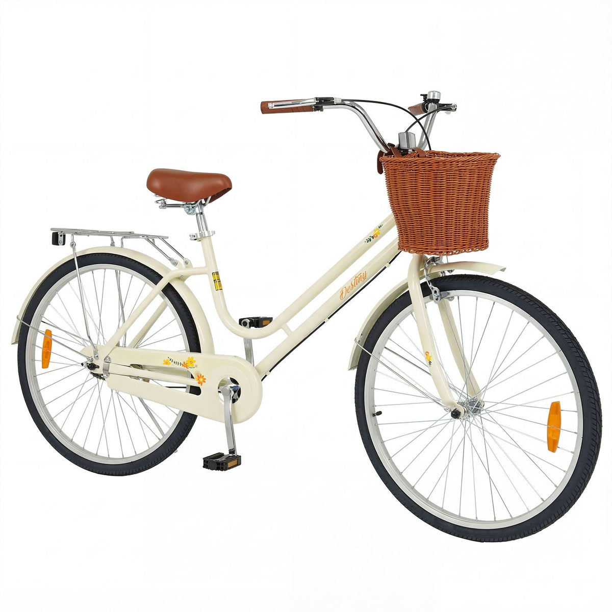 24/26-Inch Beach Cruiser Bike for Women with Adjustable Seat and Woven Basket for City