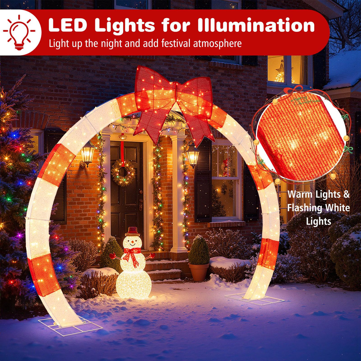 256cm Christmas Pre-lit Festive Arch with Large Bow and Warm White LED Lights for Yard