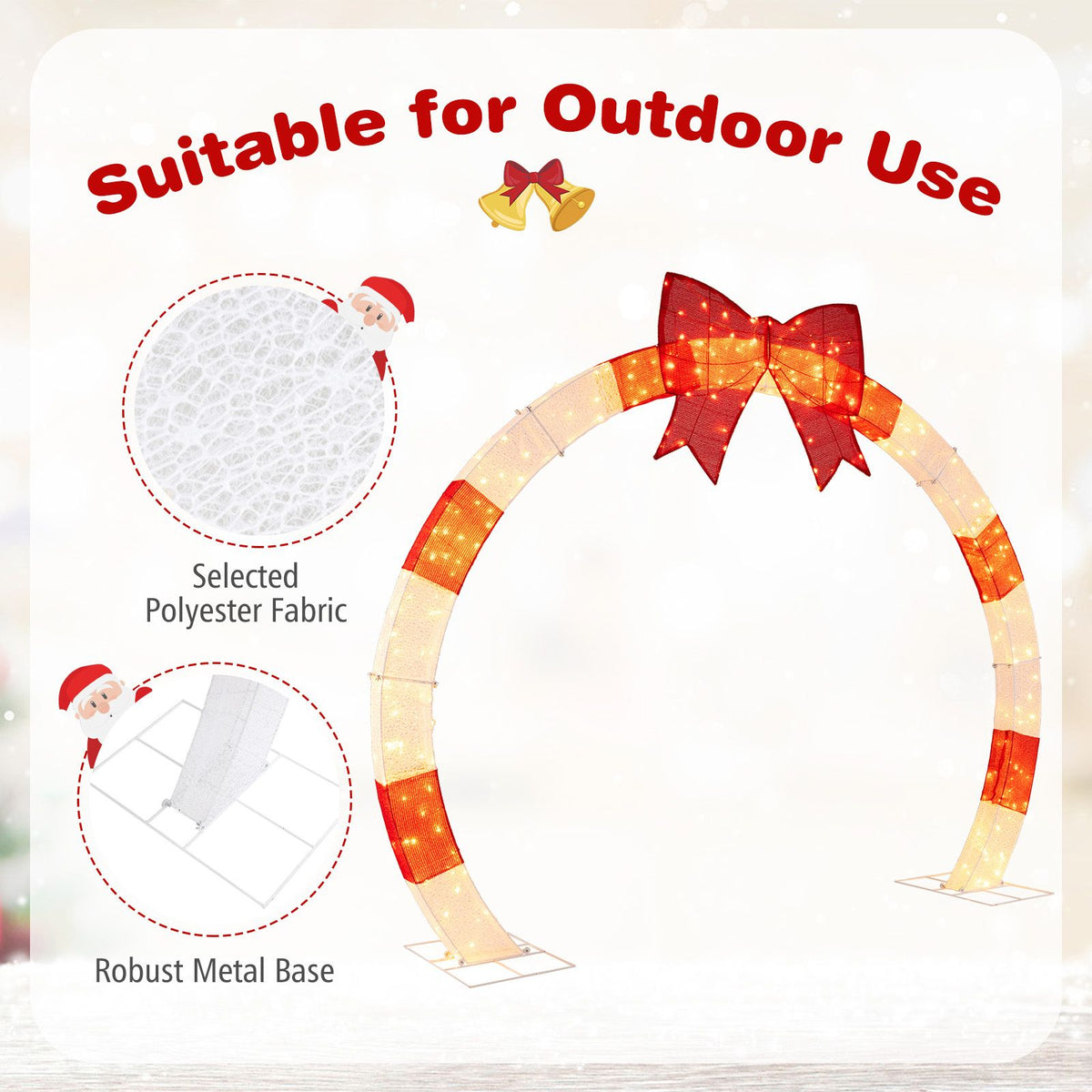 256cm Christmas Pre-lit Festive Arch with Large Bow and Warm White LED Lights for Yard