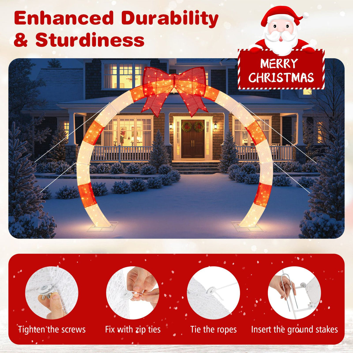 256cm Christmas Pre-lit Festive Arch with Large Bow and Warm White LED Lights for Yard