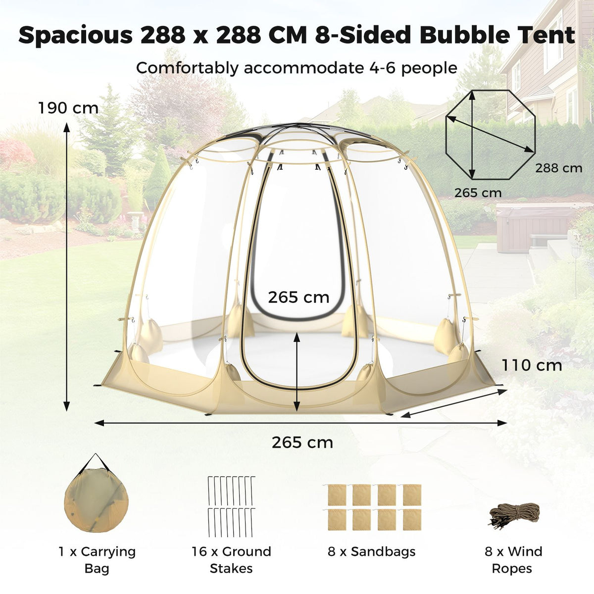 265 x 288 CM Pop Up Bubble Tent with 540° Transparent PVC Igloo for 4-6 People
