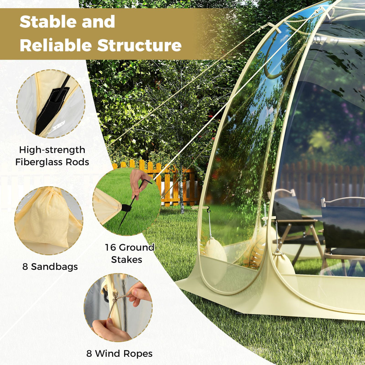 265 x 288 CM Pop Up Bubble Tent with 540° Transparent PVC Igloo for 4-6 People