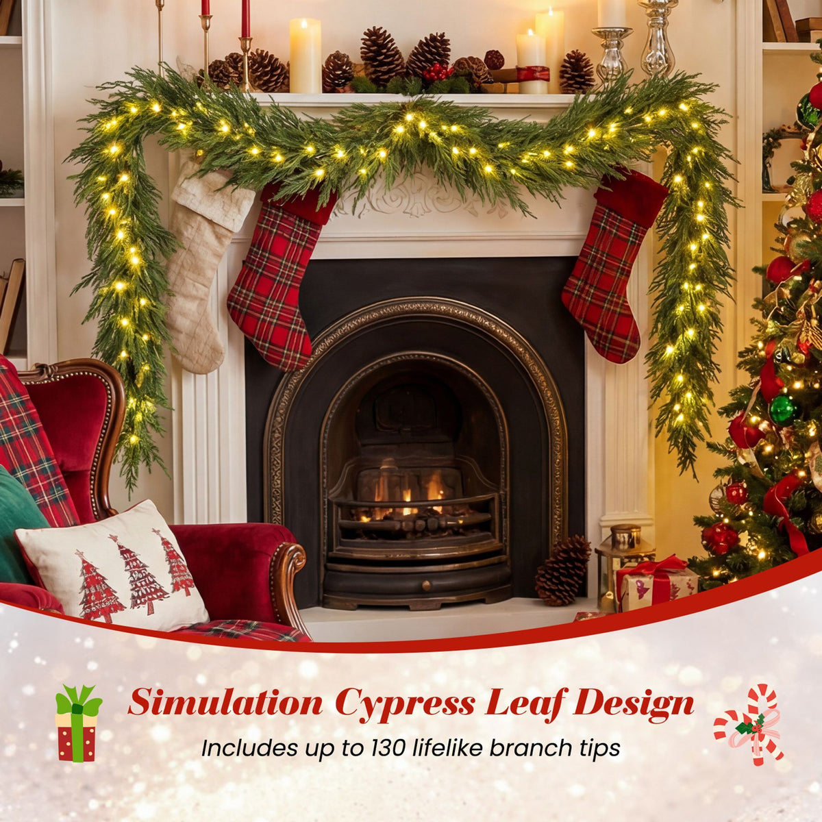 270cm Pre-lit Artificial Cypress Christmas Garland with 50 Warm-White LED Lights and 130 Branch Tips