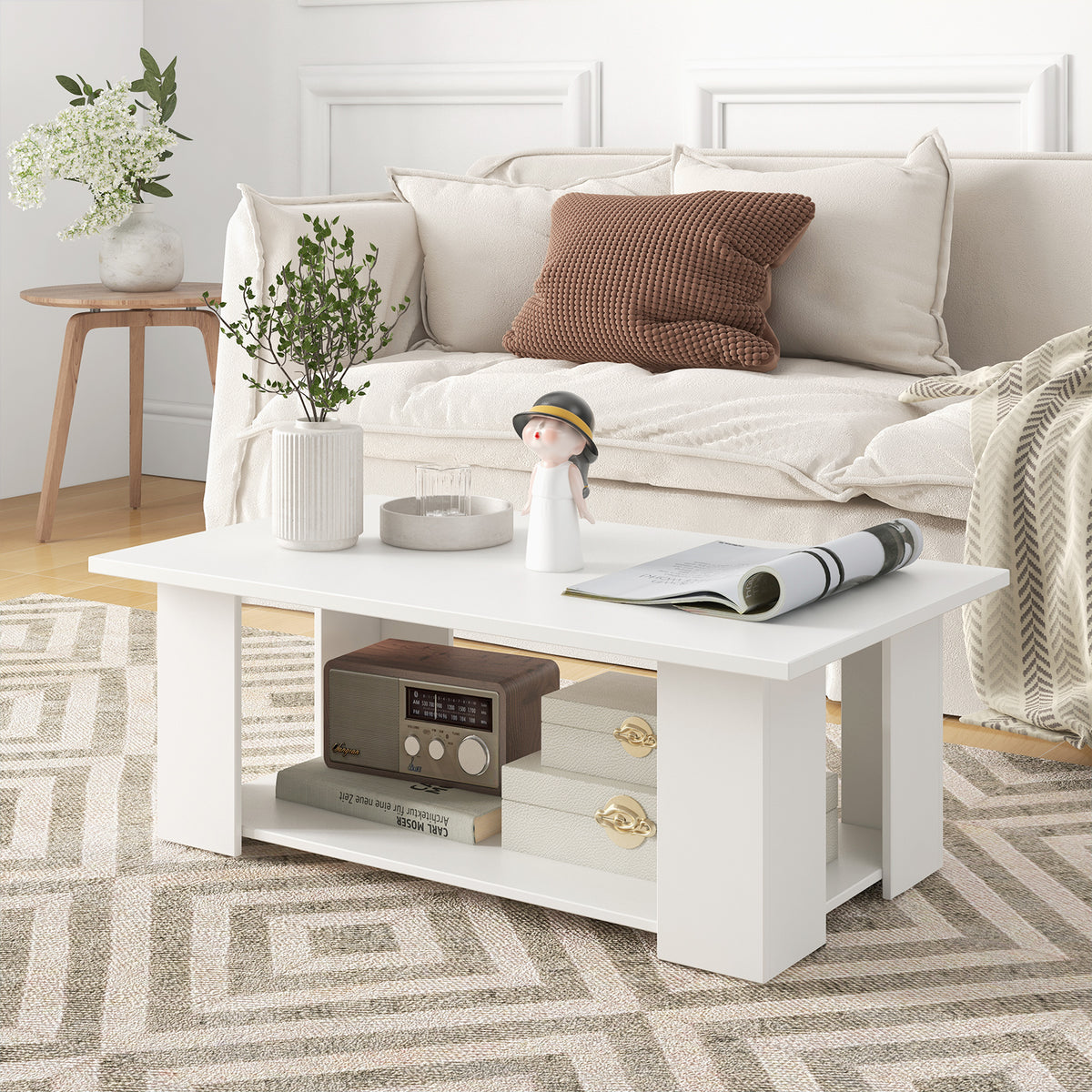 Giantex Modern Coffee Table w/Storage Shelf, Large 2-Tier Wooden Tea Table w/Open Shelf, White