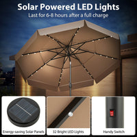 3m Solar Patio Umbrella w/ 32 LED Lights 3-Tier Vented Top Tilt Adjustment Beach