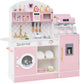 Kids Kitchen Playset, Wooden Pretend Play Kitchen w/Clock, Microwave, Sink, Dish Rack, Washing Machine, Ice & Coffee Makers