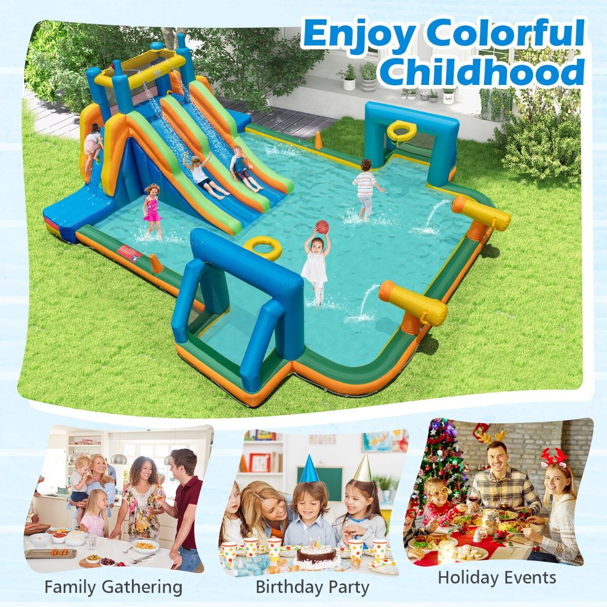 Inflatable Water Slide Water Park with 2 Long Slides and Soccer Gates (Without Blower)