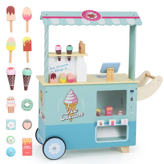 Kids Ice Cream Cart Pretend Play Set for Toddlers with Vending Machine