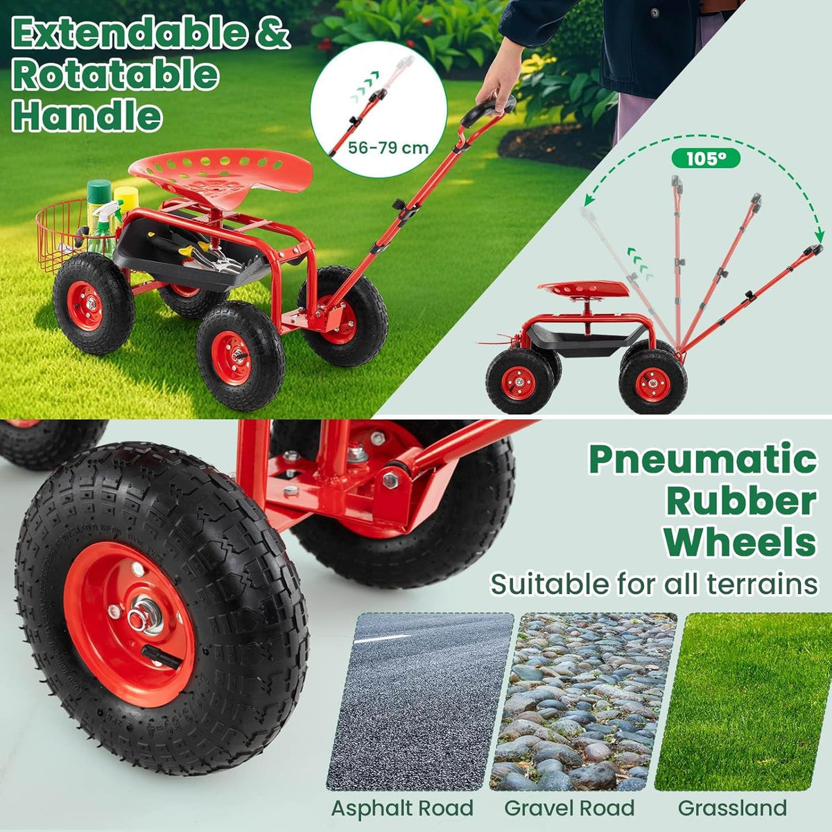 Steerable Garden Cart w/Extendable Handle