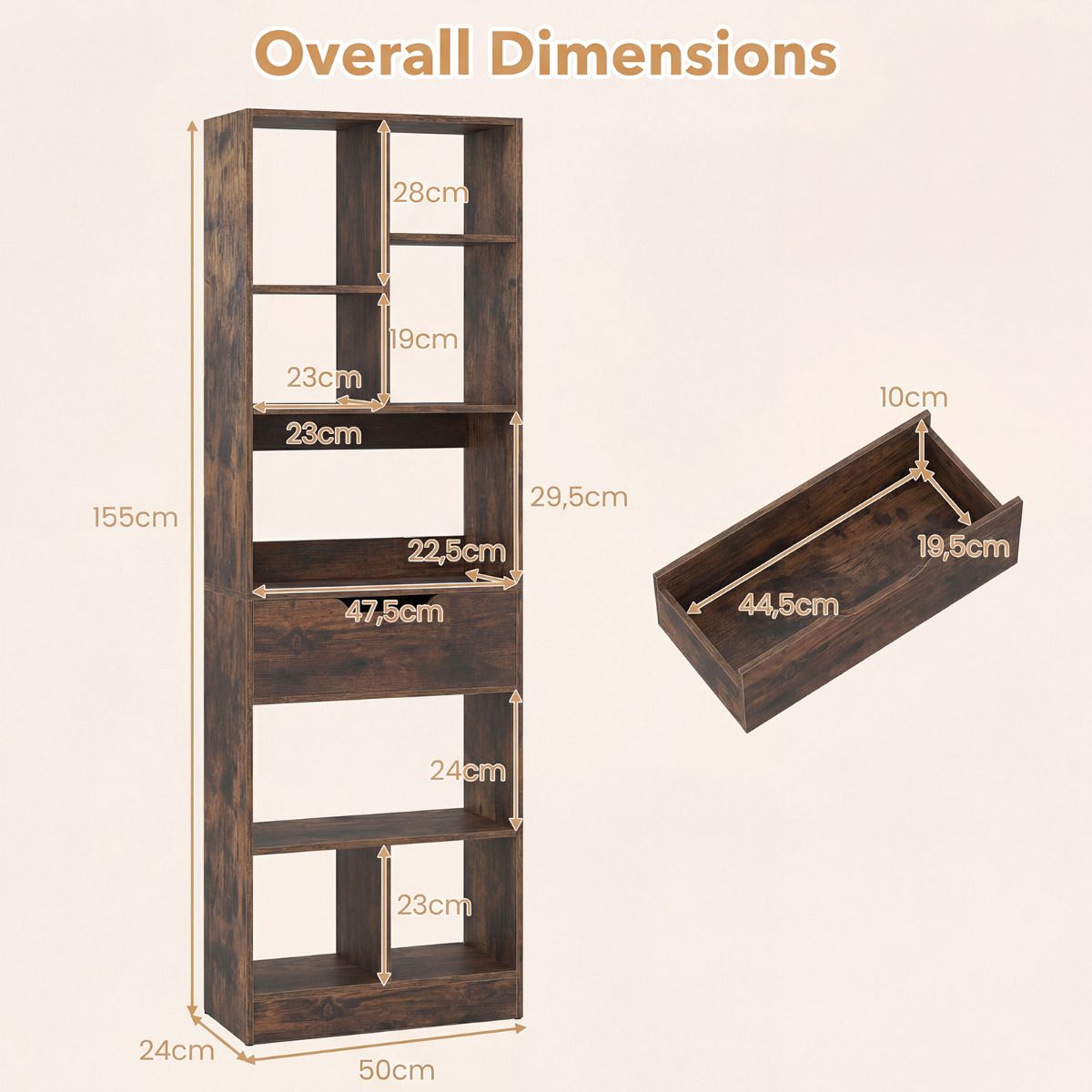 Tall Freestanding Bookshelf with Drawer and 7 Open Cubes