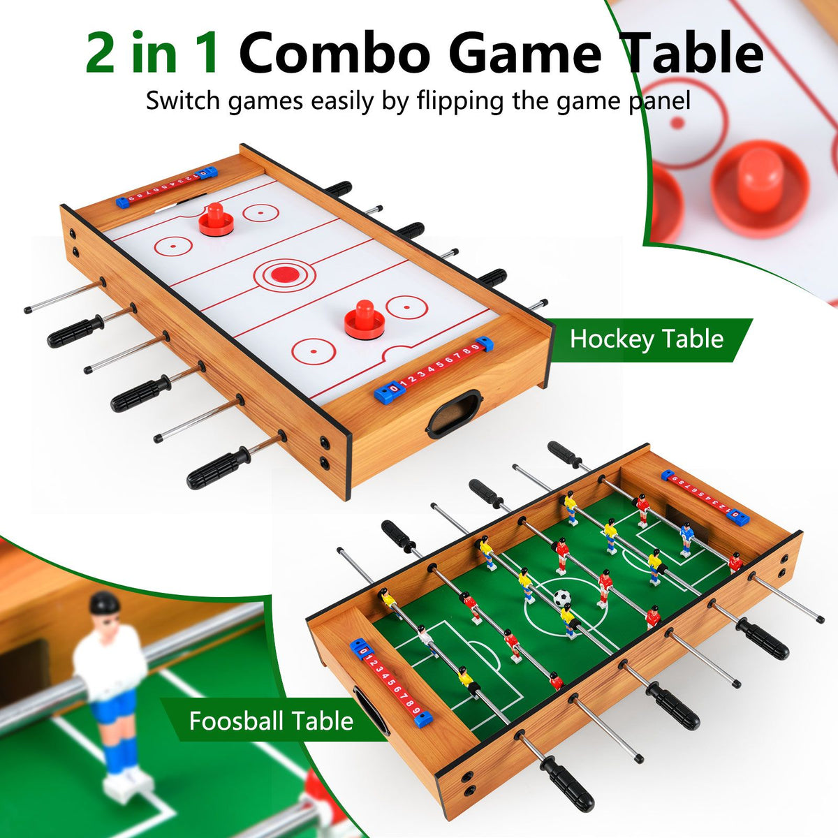 2 In 1 Multi Game Table with Compact Tabletop Foosball Table and Hockey Game