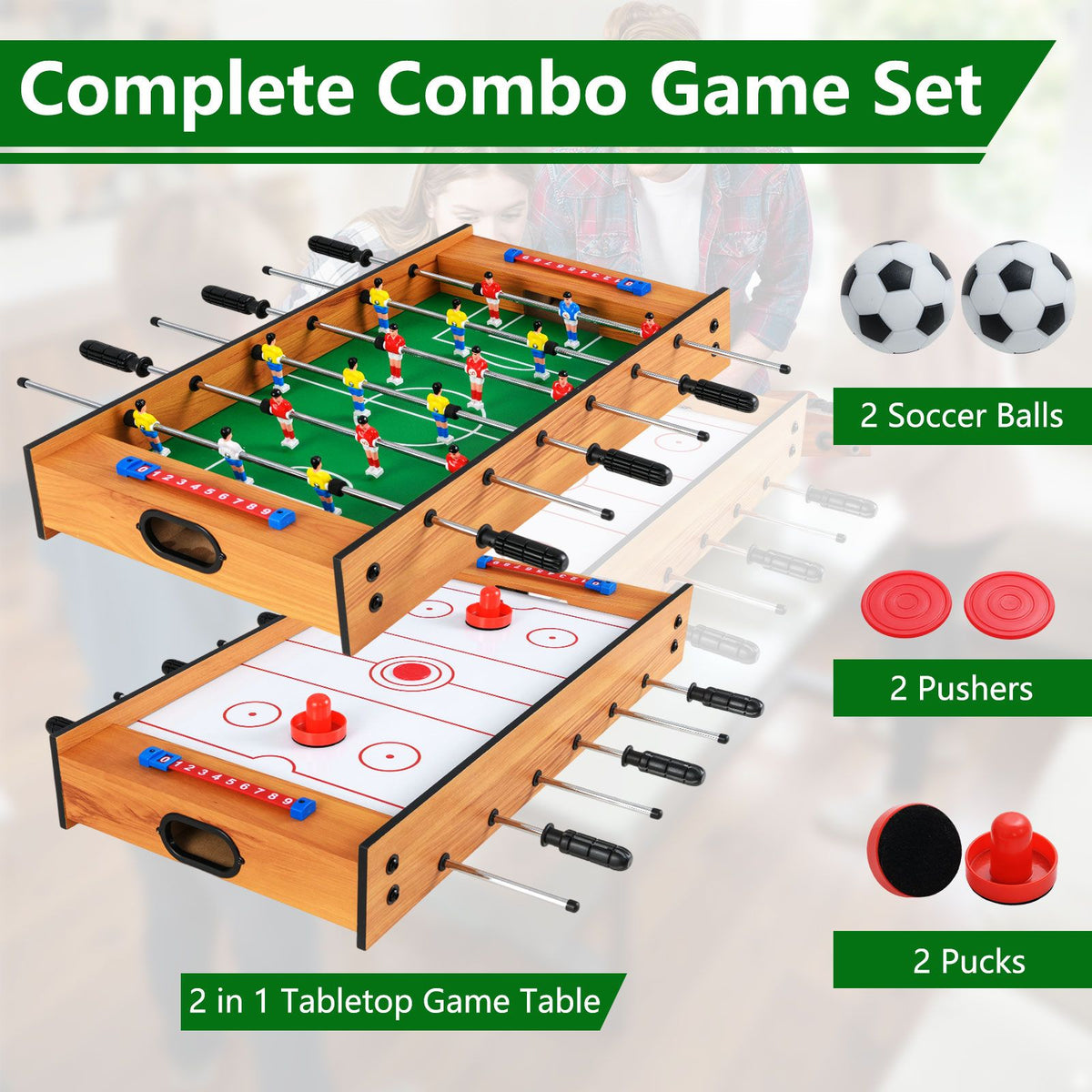 2 In 1 Multi Game Table with Compact Tabletop Foosball Table and Hockey Game