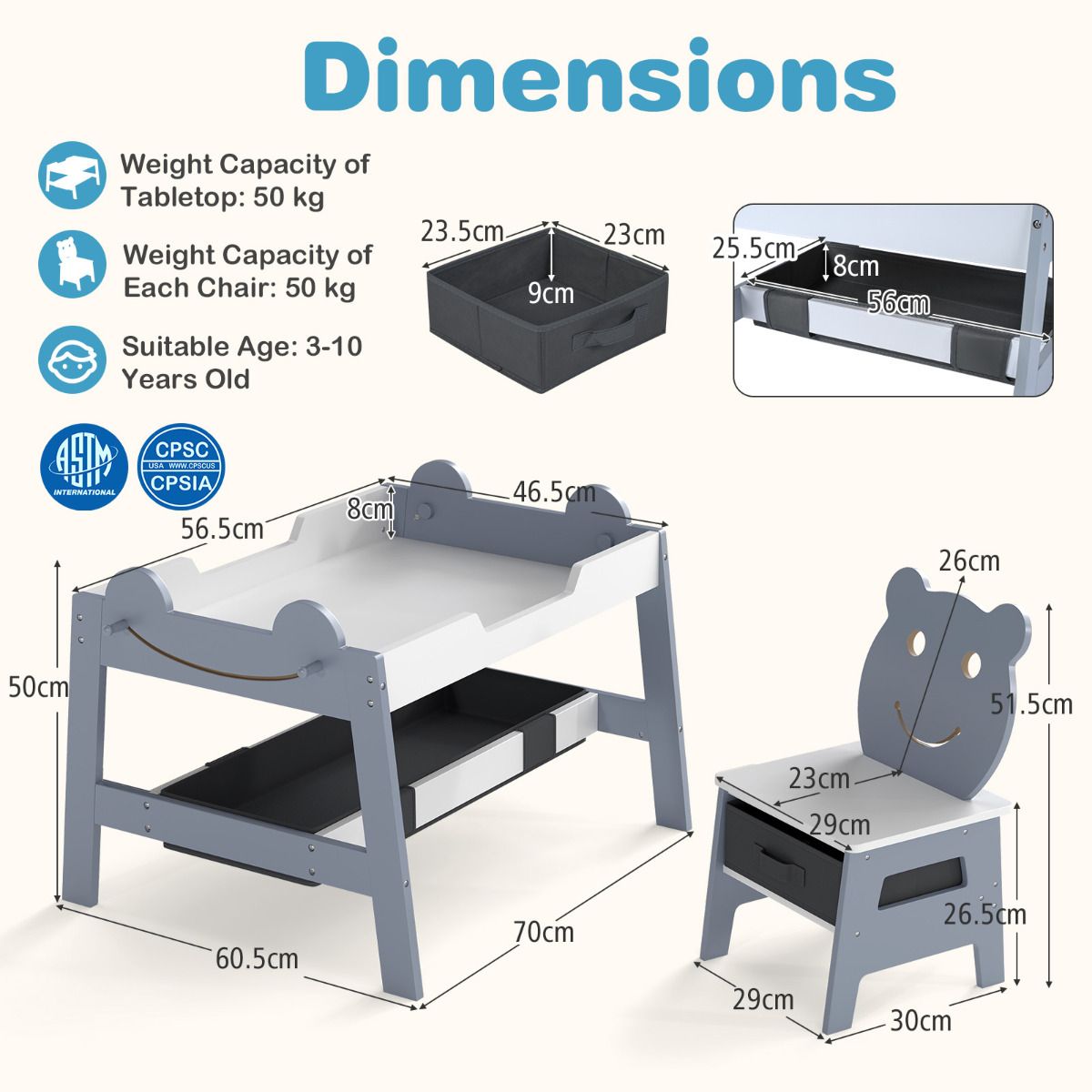 Versatile Kids Table and 2 Chairs Set with Hanging Hooks
