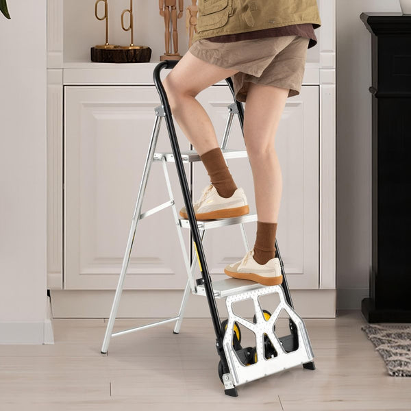 2 in 1 Folding Hand Truck and Ladder with Anti-Slip Pedals Rubber Wheels
