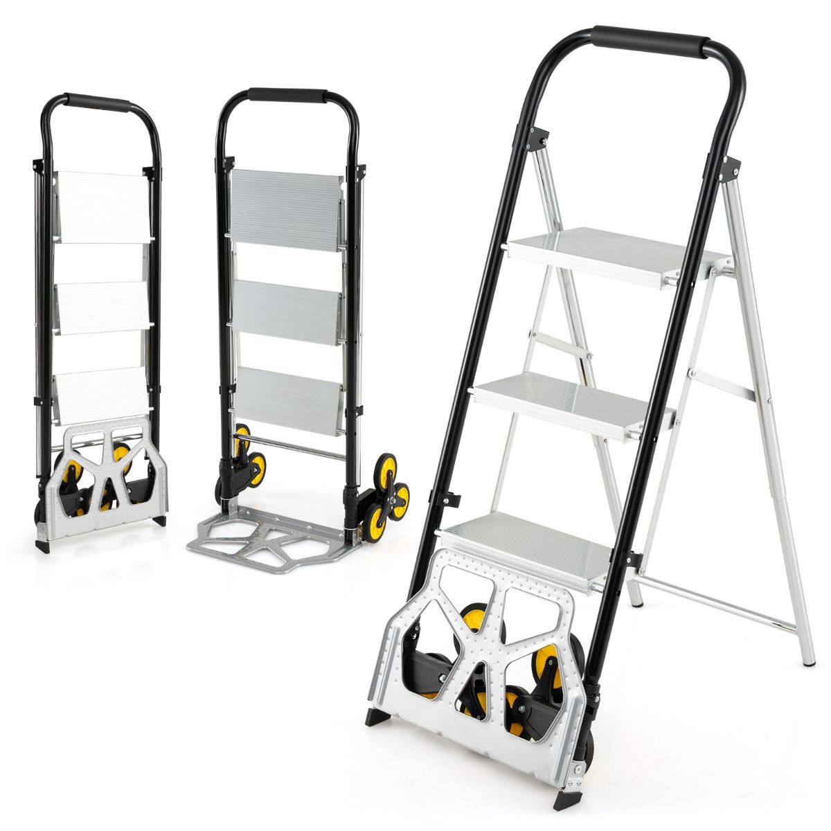 2 in 1 Folding Hand Truck and Ladder with Anti-Slip Pedals Rubber Wheels
