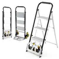 2 in 1 Folding Hand Truck and Ladder with Anti-Slip Pedals Rubber Wheels