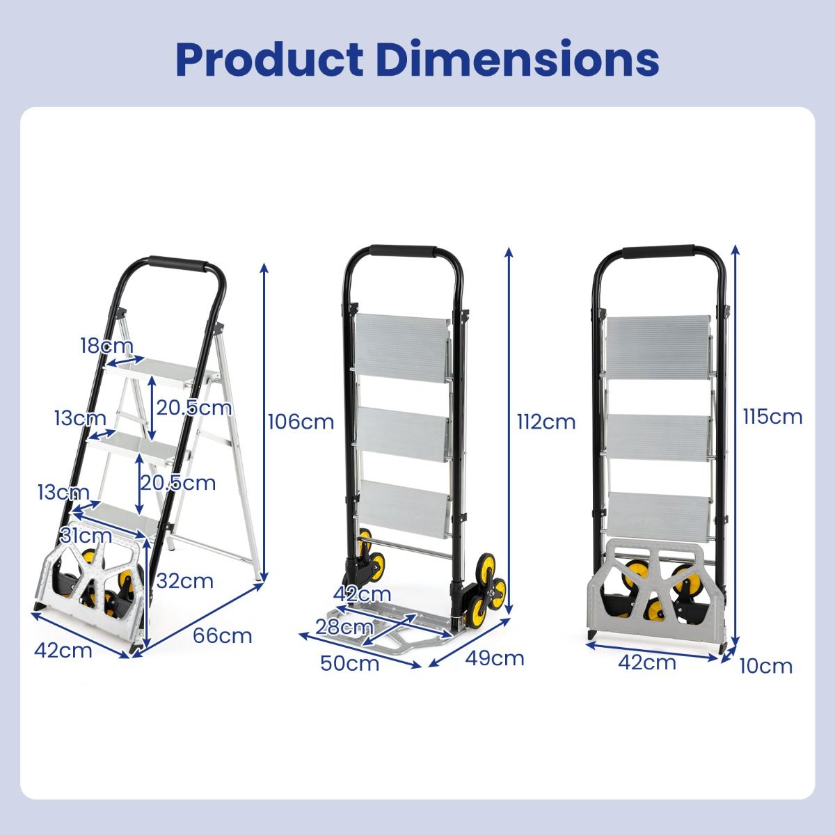 2 in 1 Folding Hand Truck and Ladder with Anti-Slip Pedals Rubber Wheels