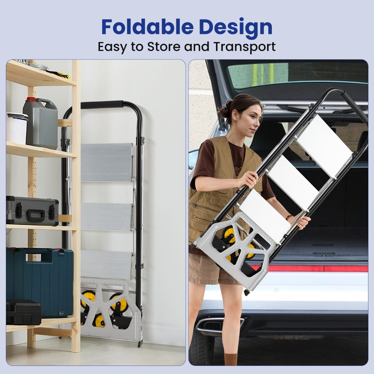 2 in 1 Folding Hand Truck and Ladder with Anti-Slip Pedals Rubber Wheels