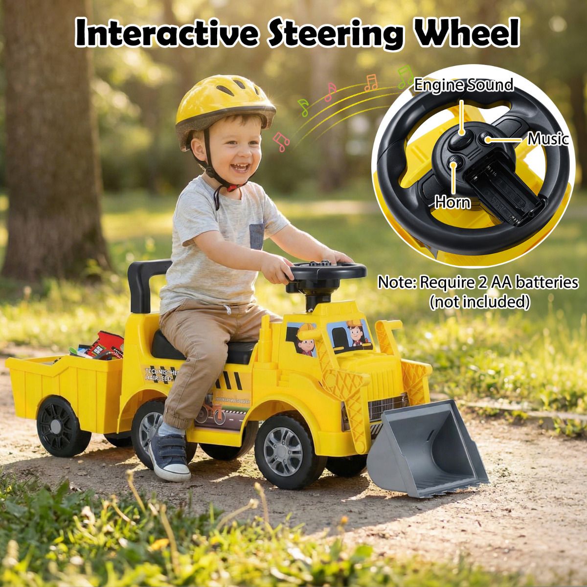 2-in-1 Ride on Excavator with Detachable Trailer Kids Digging Bulldozer with Shovel