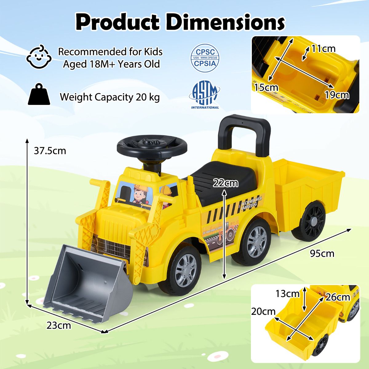 2-in-1 Ride on Excavator with Detachable Trailer Kids Digging Bulldozer with Shovel