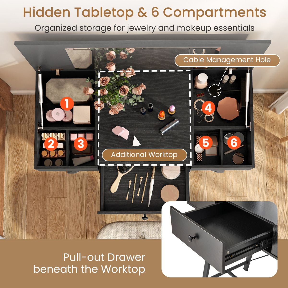 2-in-1 Vanity Desk with Mirror and Charging Station