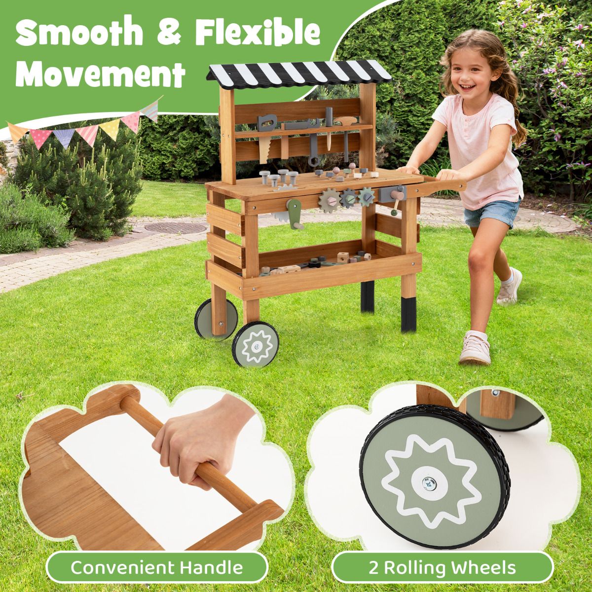 2-in-1 Wooden Kids Cart and Tool Bench with Realistic Tools