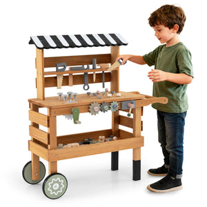 2-in-1 Wooden Kids Cart and Tool Bench with Realistic Tools