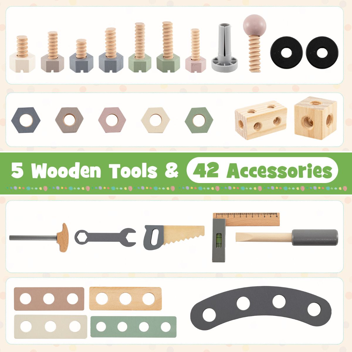 2-in-1 Wooden Kids Cart and Tool Bench with Realistic Tools