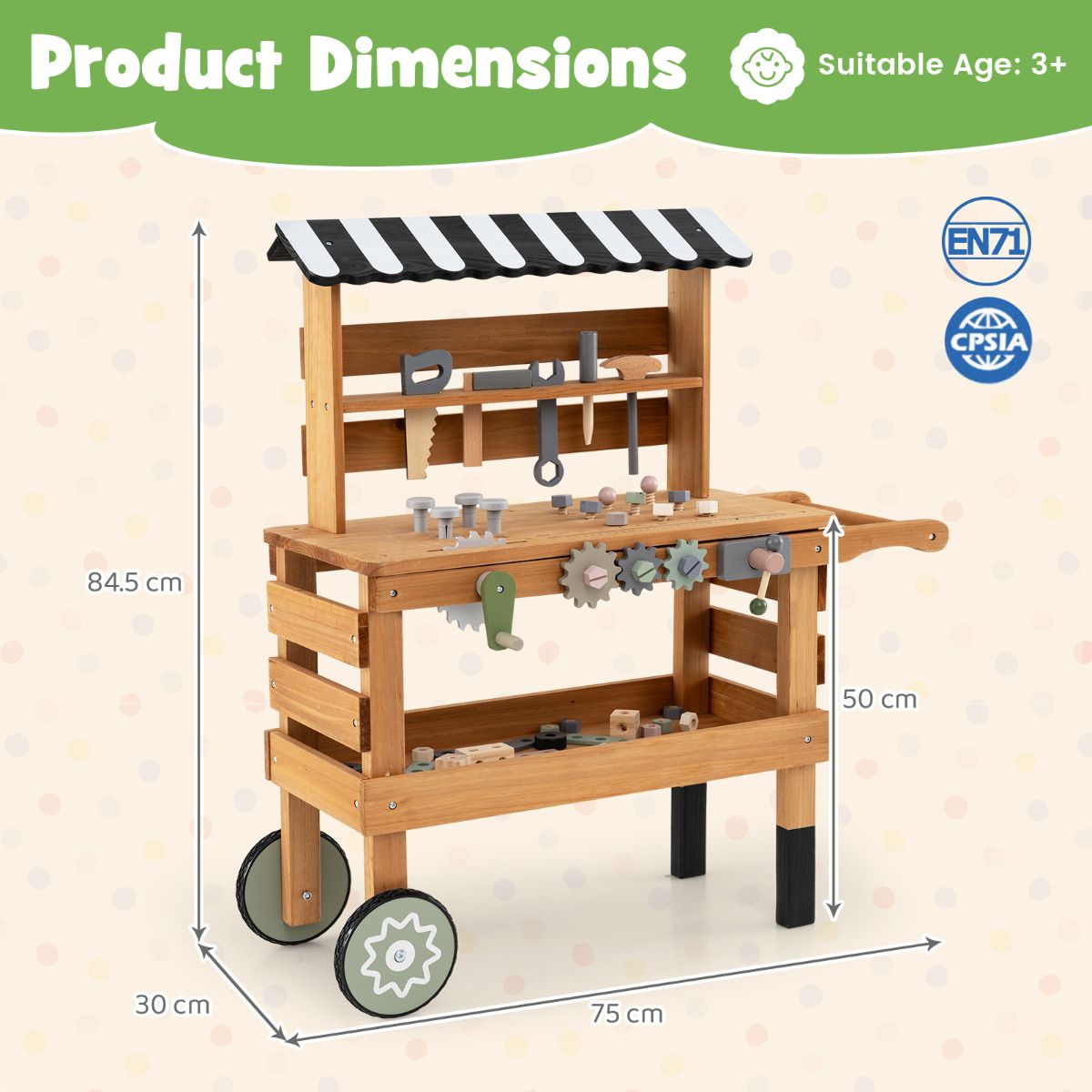 2-in-1 Wooden Kids Cart and Tool Bench with Realistic Tools