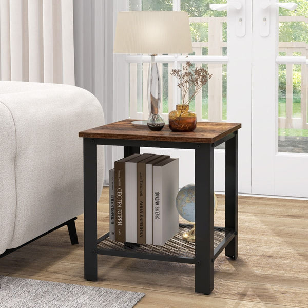 2-Tier Square End Table with Mesh Shelf and Heavy-duty Metal Frame