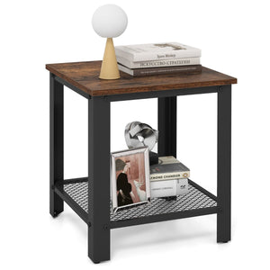 2-Tier Square End Table with Mesh Shelf and Heavy-duty Metal Frame