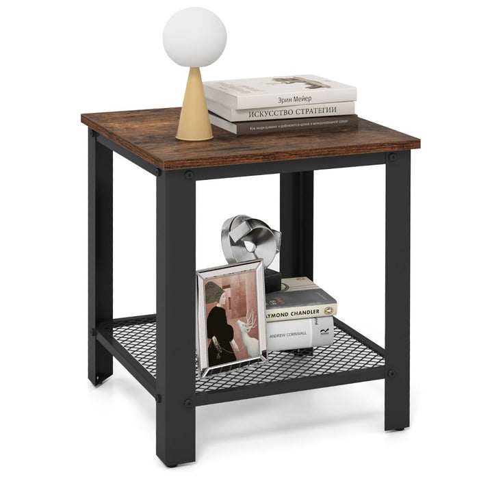 2-Tier Square End Table with Mesh Shelf and Heavy-duty Metal Frame