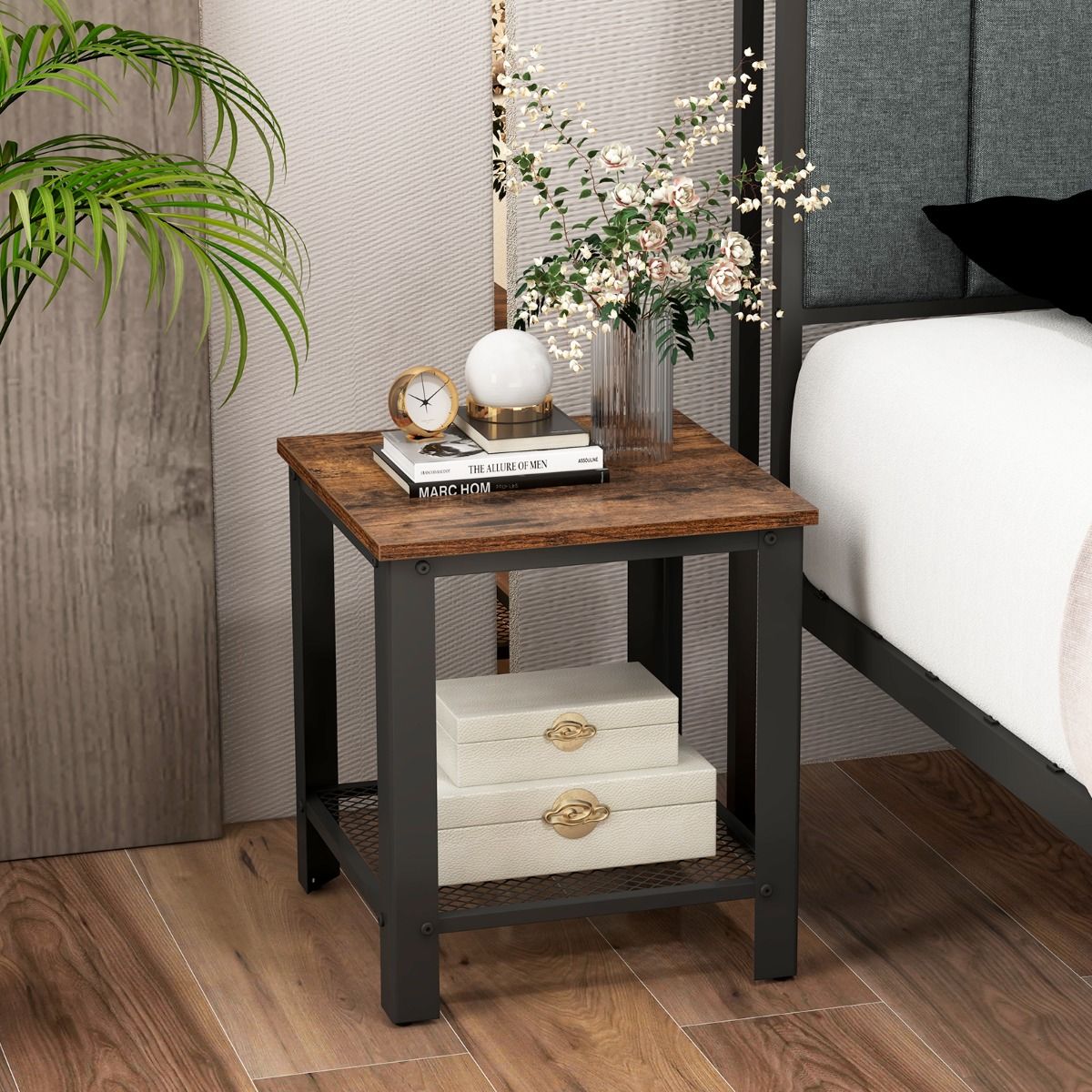 2-Tier Square End Table with Mesh Shelf and Heavy-duty Metal Frame