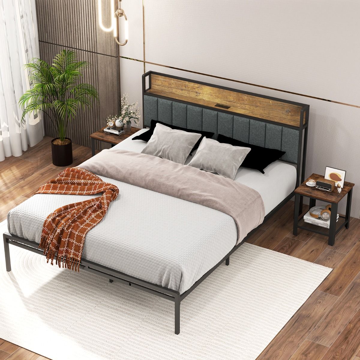 2-Tier Square End Table with Mesh Shelf and Heavy-duty Metal Frame