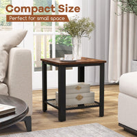 2-Tier Square End Table with Mesh Shelf and Heavy-duty Metal Frame