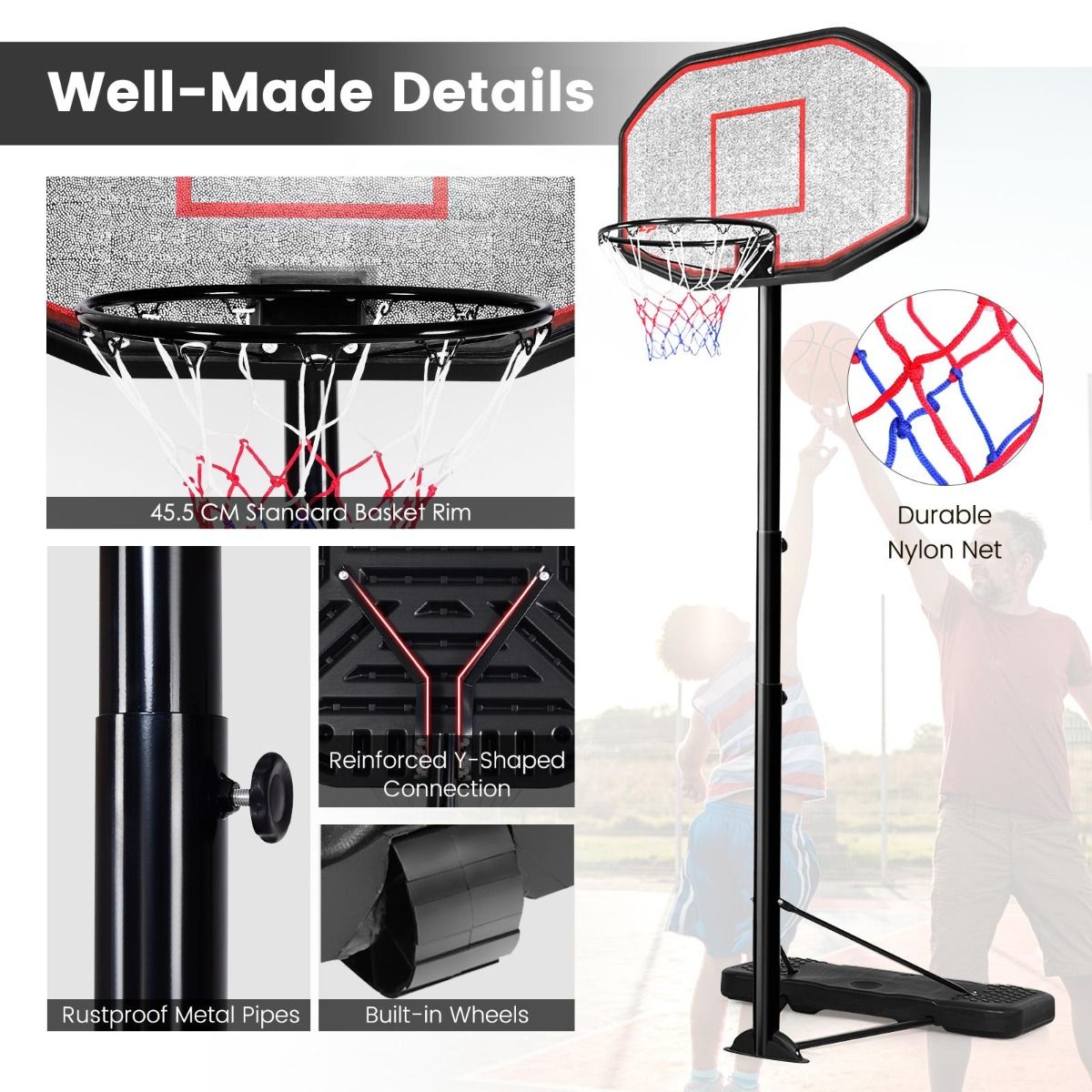 2m-3m Height Adjustable Basketball Hoop Stand System with Wheels