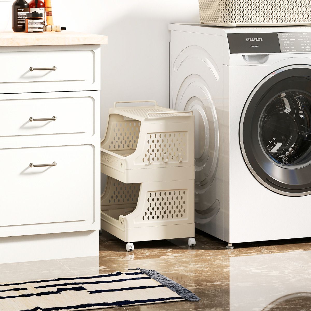 2/3/4/5 Tier Rolling Laundry Basket with Wheels Stackable Plastic Storage Cart